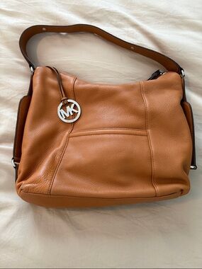 Michael Kors Cognac Pebbled Leather Shoulder Bag with MK Charm